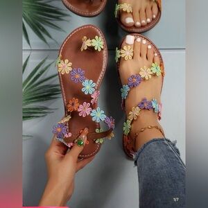 New!! Women’s Brown Floral Embroidered Toe-Loop Sandals - Multicolor